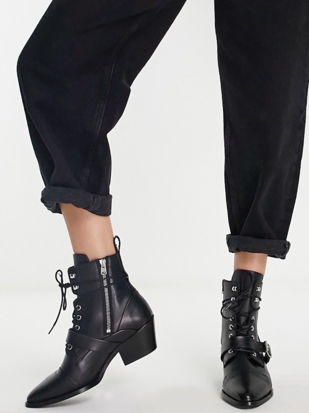 All Saints Katy Lace-Up Heeled Leather Boots w/ Buckle in Black - size 10
